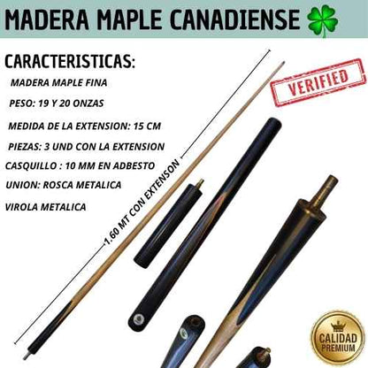 TACO DE BILLAR MAPLE 🍀 CON EXTENSIÓN PARA UN ALCANCE PERFECTO