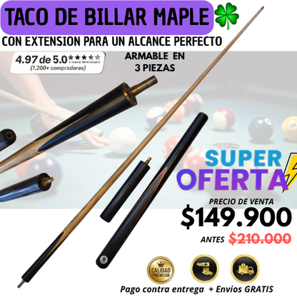 TACO DE BILLAR MAPLE 🍀 CON EXTENSIÓN PARA UN ALCANCE PERFECTO