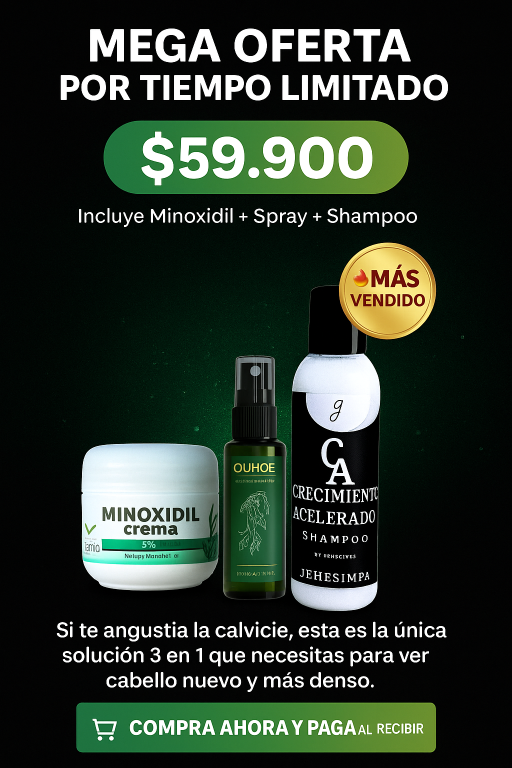 Solución 3 en 1 que Necesitas Para Ver Cabello Nuevo y Más Denso